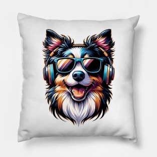 Miniature American Shepherd as Smiling DJ with Headphones Pillow