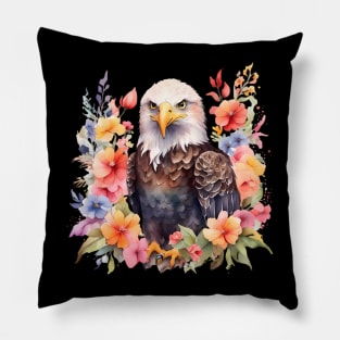 A bald eagle decorated with beautiful watercolor flowers Pillow