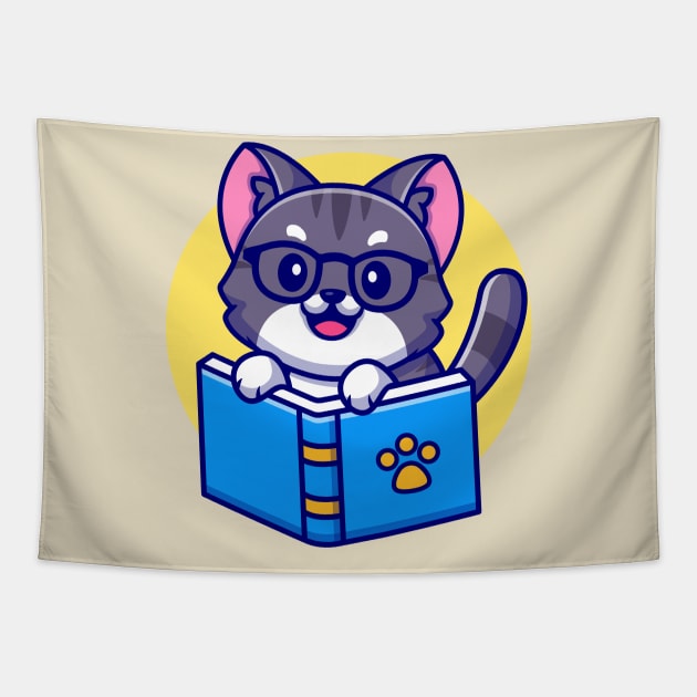 Cute Cat Reading Book Cartoon Tapestry by Catalyst Labs