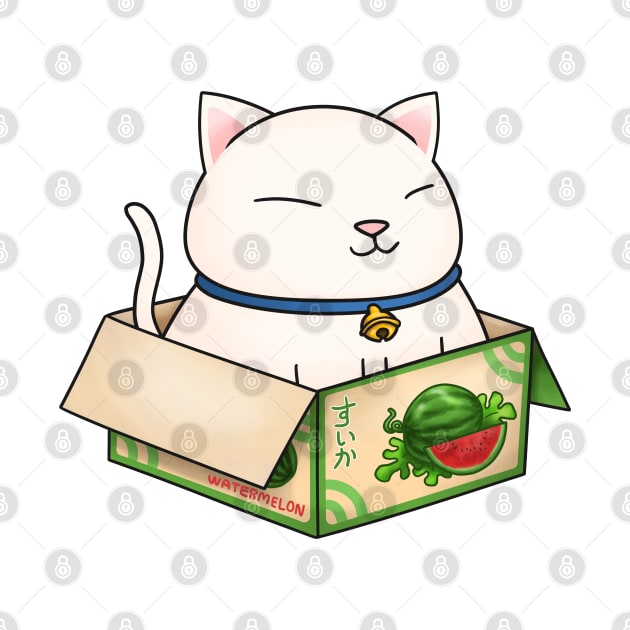 White Chubby Cat in Watermelon Box by Takeda_Art