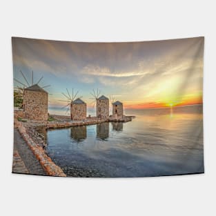 The sunrise at the famous windmills in Chios island, Greece Tapestry