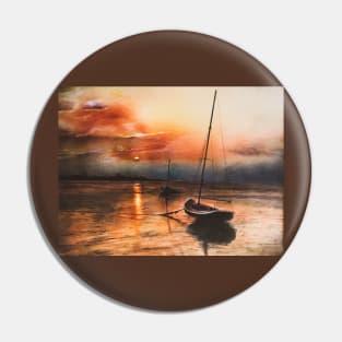 Airbrush of boat on sea at sunset Pin