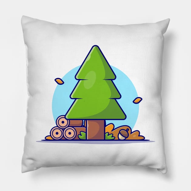 Pinus Tree with Woods and Acorn Autumn Season Cartoon Vector Icon Illustration Pillow by Catalyst Labs