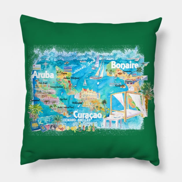 Aruba_Bonaire_Curacao_Illustrated_Travel_Map_with_RoadsXS Pillow by artshop77