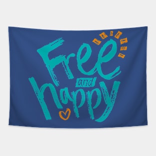 Free And Happy Minimalist Inspirational Words Turquoise Typography Brush Paint Tapestry