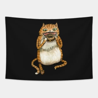 Delighted Cat with a Breakfast Sandwich Tapestry