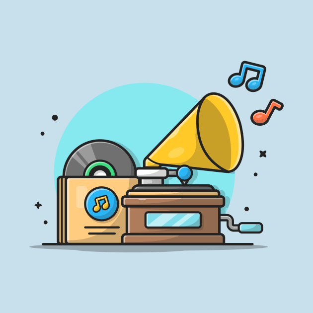 Old Music Player with Gramophone with Vinyl Cartoon Vector Icon Illustration by Catalyst Labs