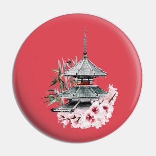 Japanese Painting of Beautiful Pagoda among Cherry Blossoms and Bamboo Pin