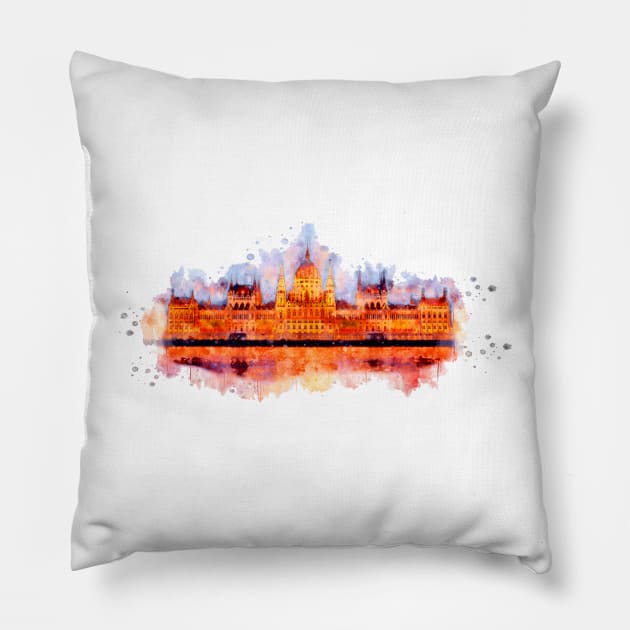 Budapest Parliament watercolor painting Pillow by Stylizing4You