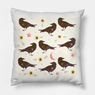 Flower, Crow, Moon and Stars Pattern Pillow