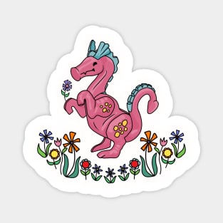 Happy Little Pink Dragon Smelling Flowers Magnet