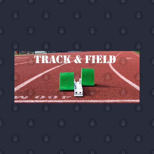 Track and field written above green starting blocks on a red track by Woodys Designs