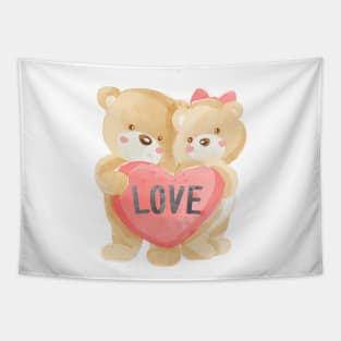 cute bear couple with love heart Tapestry