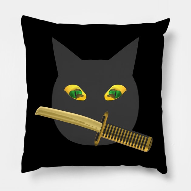 Halloween Ninja Cat. Black Cat with Jack o Lantern Eyes and Sword. (Black Background) Pillow by Art By LM Designs 