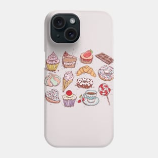 Hand drawn confectionery croissant Cupcake candy marshmallow ice cream cake donut and coffee. Phone Case