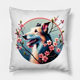 Joyful Irish Wolfhound Amidst Spring Cherry Blossoms Pillow