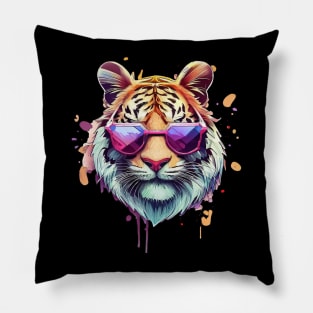 Cool tiger wearing sunglasses pastel watercolor splash Pillow