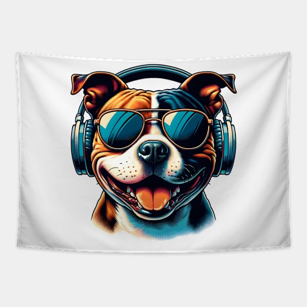 Staffordshire Bull Terrier DJ Smiling with Funky Beats Tapestry by ArtRUs