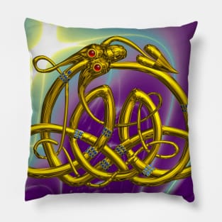 GOLD HYPER DRAGON IN PURPLE TEAL BLUE WAVES Pillow