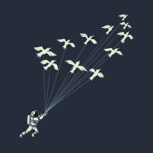 Astronaut Prince Flying With Birds Black and White by Tobe Fonseca T-Shirt