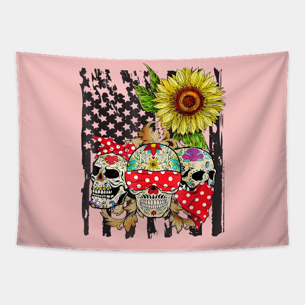 Sugar Skull American Flag Sunflower Floral Tapestry by VincenGleqa