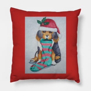 cute black and brown puppy with christmas stocking Pillow