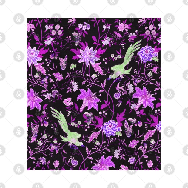 GREEN BIRDS,POMEGRANATE FLOWERS AND BUTTERFLIES Antique Purple Green Floral Pattern by BulganLumini