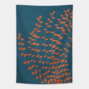 Boho Retro Print, Blue, Orange, Fern Plant Tapestry