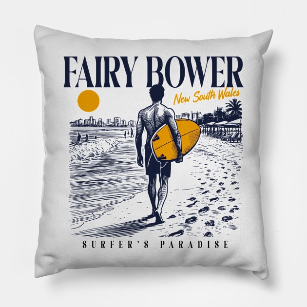 Vintage Surfing Fairy Bower, New South Wales, NSW Australia // Retro Surfer Sketch // Surfer's Paradise Pillow by Now Boarding