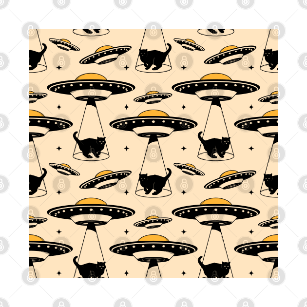 Aliens and Black Cat Pattern in beige by The Charcoal Cat Co.
