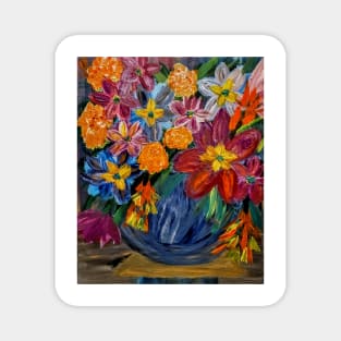 abstract vibrant colorful flowers in a glass vase with gold accent on base and top of vase Magnet