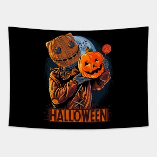 halloween sack masked man carrying pumpkin candy Tapestry