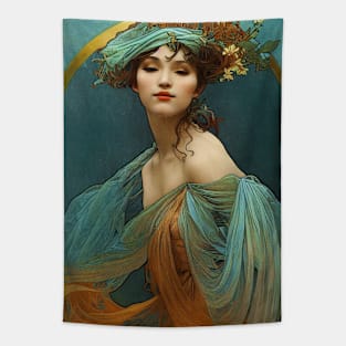 Art Nouveau Beauty in Turquoise and Orange - Vintage, Mucha, Gilded Age Tapestry