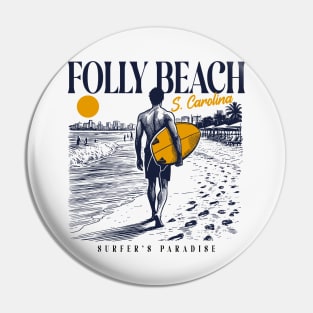 Vintage Surfing Folly Beach, South Carolina // Retro Surfer Sketch // Surfer's Paradise Pin