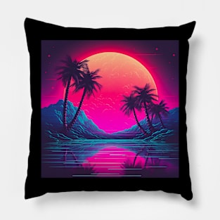Vaporwave Retrowave Synthwave Vintage Sunset Palm Trees Ocean Mountains Pillow