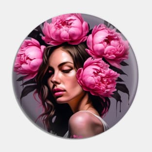 Flower Head Woman with Pink Peony Roses Pin