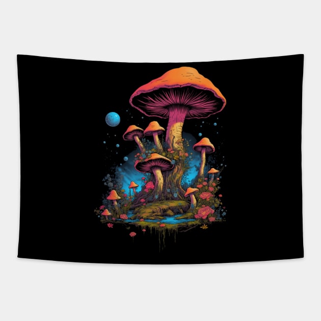 Colorful Mushrooms and Full Moon Tapestry by Kawaii Cuties