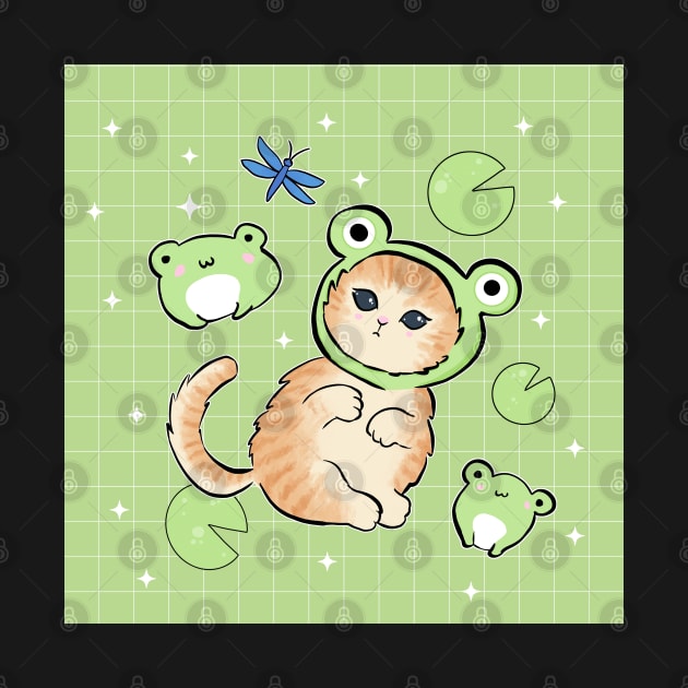 Kawaii Frog and Cat with Toad Hat - Retro 90s Cottagecore Aesthetic featuring Happy Froge Kitten by Ministry Of Frogs