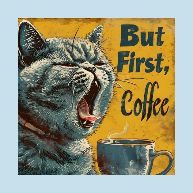 British Short Hair Cat "But First, Coffee" Funny Fat Cat by KittyStampedeCo