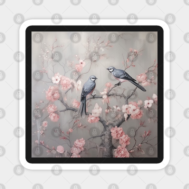 Grey and pink chinoiserie painting with birds and flowers Magnet by Riverside-Moon