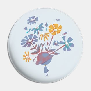 Blue Bowler Hat full of Flowering Blooms & pink person Pin