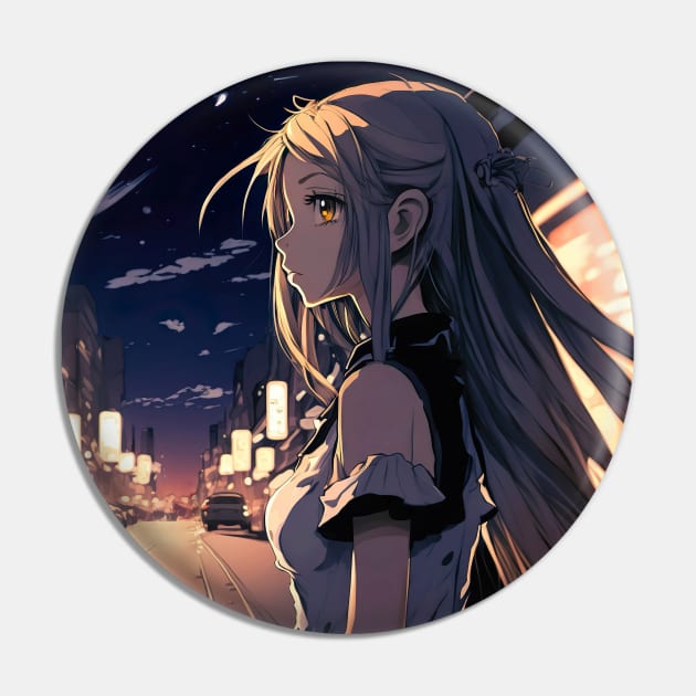 Cute Anime Girl at Night in Tokyo Crossing Street - Anime Wallpaper Pin by KAIGAME Art