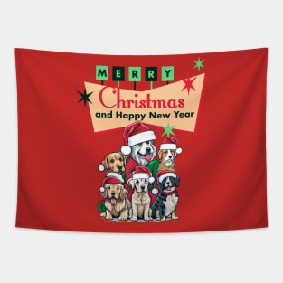 Retro Christmas Dog Design - Cute Dogs with Santa Hats Under a Retro Sign Tapestry