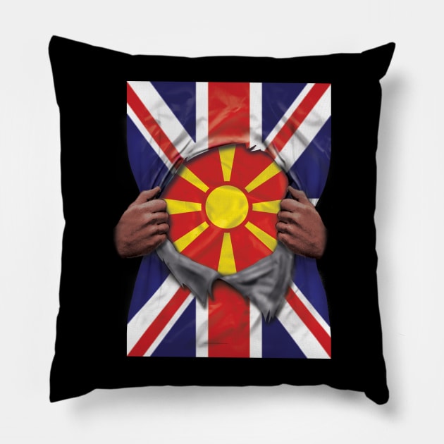 Macedonia Flag Great Britain Flag Ripped - Gift for Macedonian From Macedonia Pillow by Country Flags