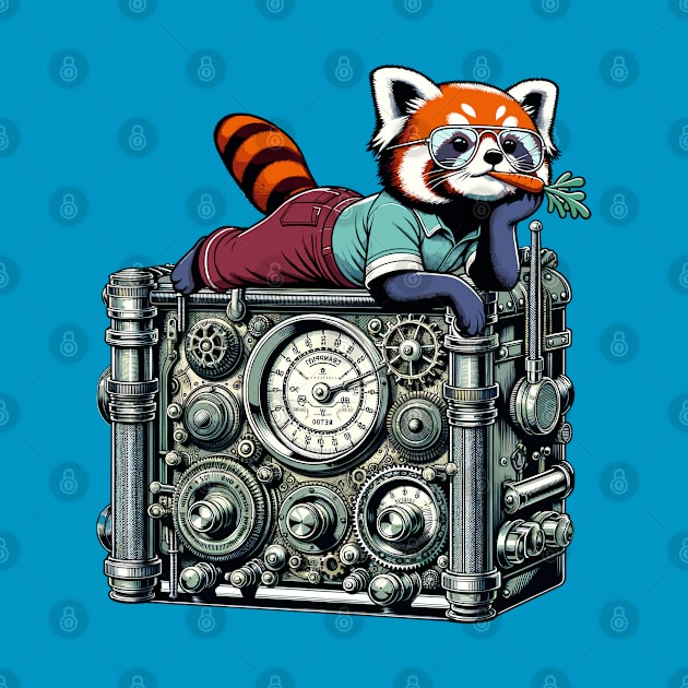 Red Panda Relaxing on Vintage Radio - Unique Digital Art by TimeWarpWildlife