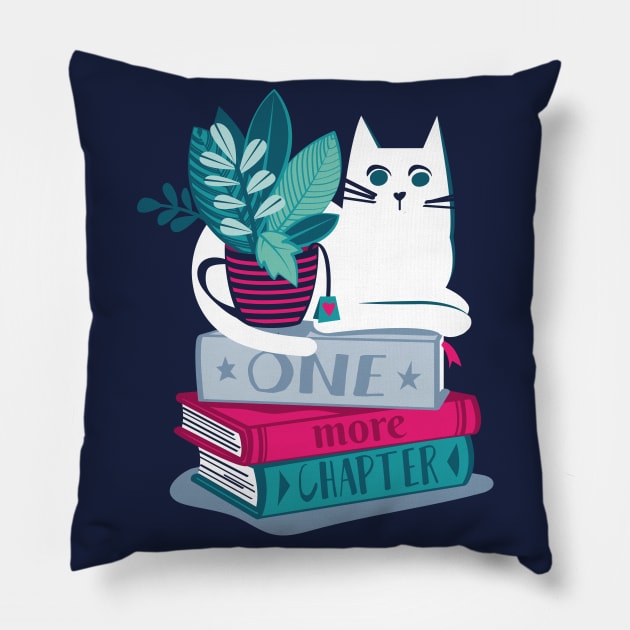 One more chapter // spot // navy background white cat striped mug with plants pink teal and blue books with quote Pillow by SelmaCardoso