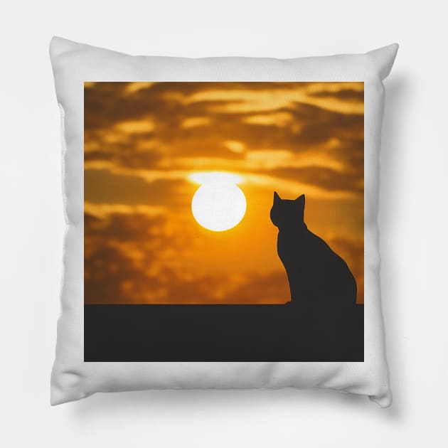 Black Cat Watching Sunset Pillow by Beastlykitty