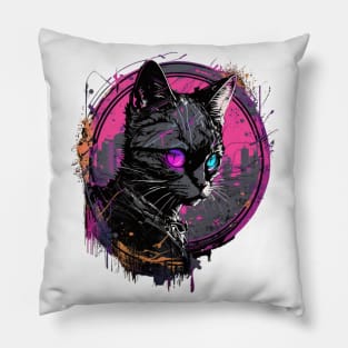 Neon Cat Cyberpunk Design Pillow