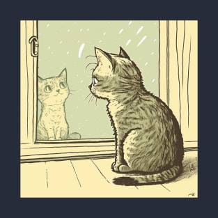 Illustration of cat looking at kitty in window T-Shirt