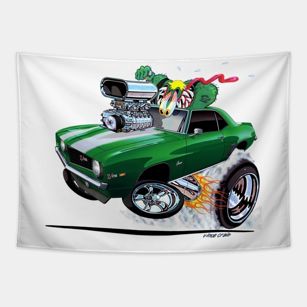 Z RATED 69 Camaro Green white stripe Tapestry by vincecrain